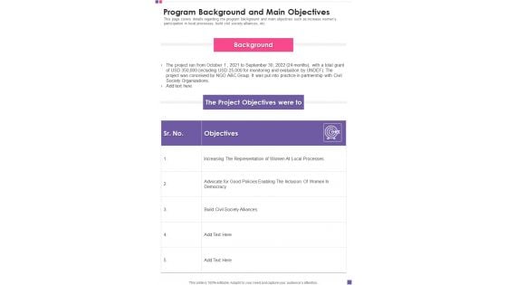 Program Background And Main Objectives Template 116 One Pager Documents Program Background And Main Objectives Template 116 One Pager Documents