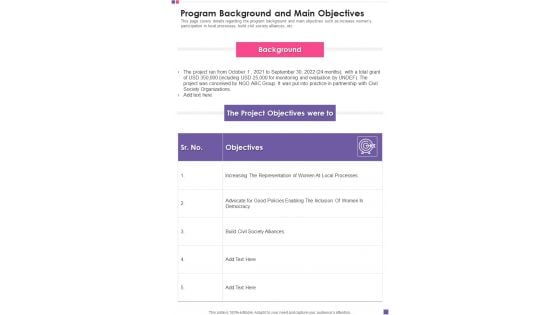 Program Background And Main Objectives Template 116 One Pager Documents