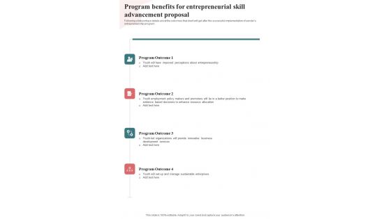 Program Benefits For Entrepreneurial Skill Advancement Proposal One Pager Sample Example Document