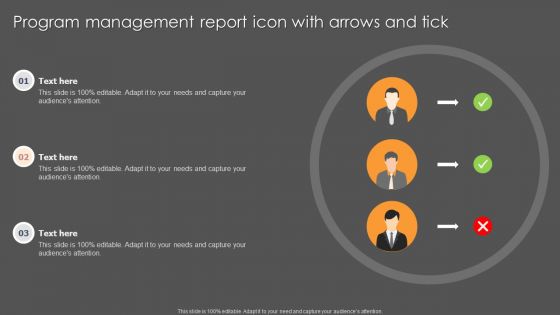 Program Management Report Icon With Arrows And Tick Ppt Portfolio Templates PDF