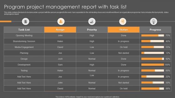 Program Project Management Report With Task List Ppt Infographics Examples PDF