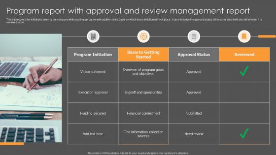 Program Report With Approval And Review Management Report Ppt Icon Example File PDF