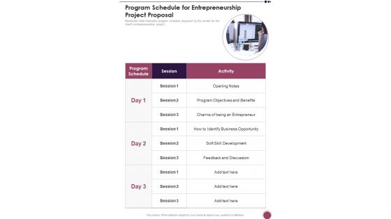 Program Schedule For Entrepreneurship Project Proposal One Pager Sample Example Document