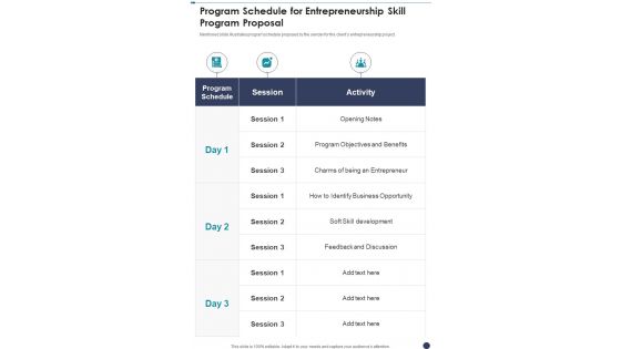 Program Schedule For Entrepreneurship Skill Program Proposal One Pager Sample Example Document Program Schedule For Entrepreneurship Skill Program Proposal One Pager Sample Example Document