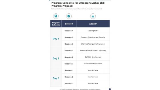 Program Schedule For Entrepreneurship Skill Program Proposal One Pager Sample Example Document