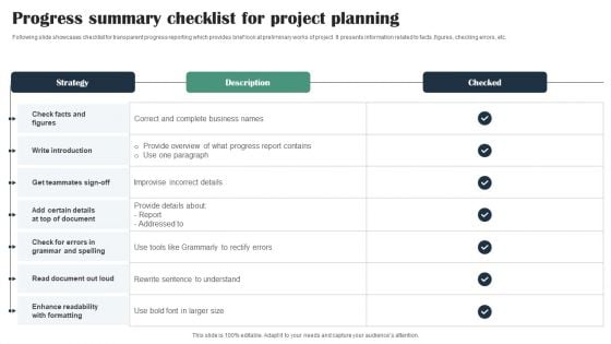 Progress Summary Checklist For Project Planning Clipart PDF