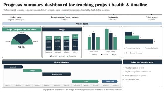 Progress Summary Dashboard For Tracking Project Health And Timeline Icons PDF