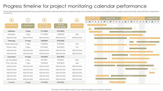 Progress Timeline For Project Monitoring Calendar Performance Template PDF