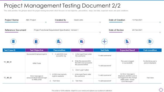 Project Administration Planning Project Management Testing Document Precondition Ppt PowerPoint Presentation File Designs PDF