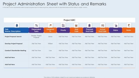 Project Administration Sheet With Status And Remarks Guidelines PDF