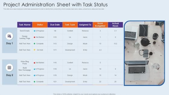 Project Administration Sheet With Task Status Microsoft PDF