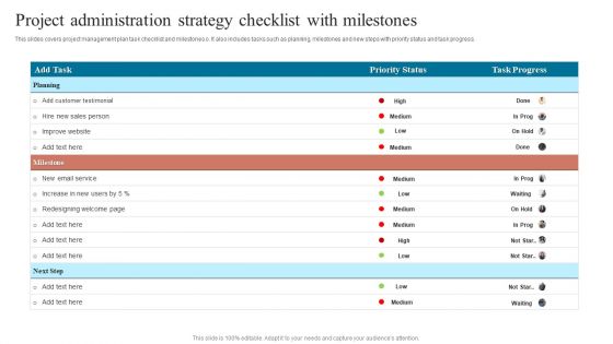 Project Administration Strategy Checklist With Milestones Summary PDF