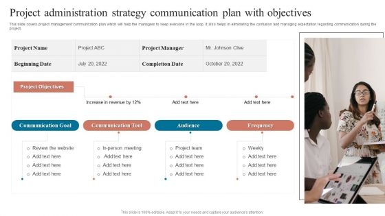 Project Administration Strategy Communication Plan With Objectives Icons PDF