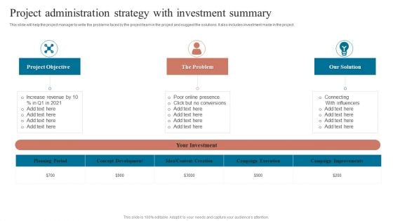 Project Administration Strategy With Investment Summary Infographics PDF Project Administration Strategy With Investment Summary Infographics PDF