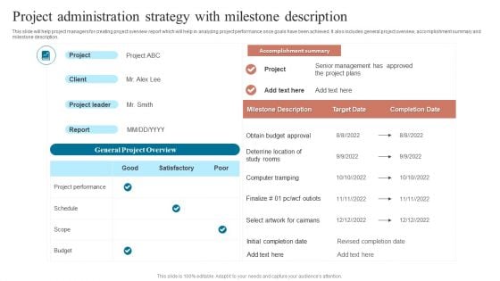 Project Administration Strategy With Milestone Description Information PDF