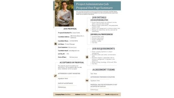 Project Administrator Job Proposal One Page Summary PDF Document PPT Template Project Administrator Job Proposal One Page Summary PDF Document PPT Template