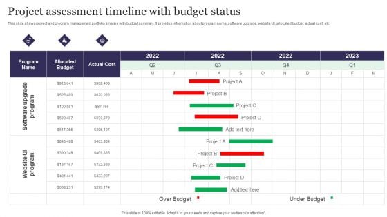 Project Assessment Timeline With Budget Status Inspiration PDF