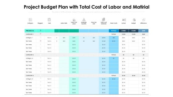 Project Budget Plan With Total Cost Of Labor And Matirial Ppt PowerPoint Presentation Ideas Icon PDF