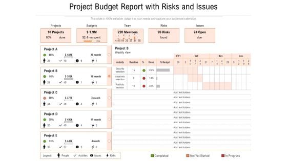 Project Budget Report With Risks And Issues Ppt PowerPoint Presentation File Smartart PDF