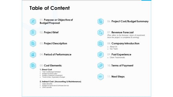 Project Budget Table Of Content Ppt PowerPoint Presentation Gallery Structure PDF