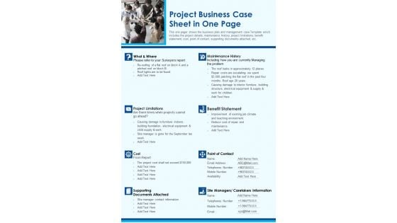 Project Business Case Sheet In One Page PDF Document PPT Template