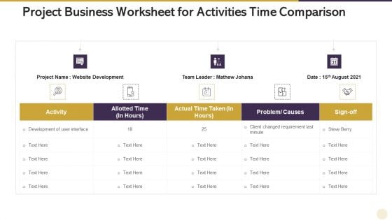 Project Business Worksheet For Activities Time Comparison Ideas PDF