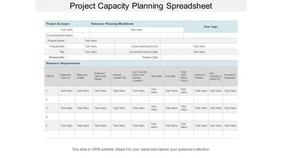 Project Capacity Planning Spreadsheet Ppt Powerpoint Presentation Professional Outline