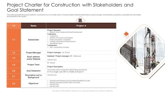 Project Charter For Construction With Stakeholders And Goal Statement Clipart PDF