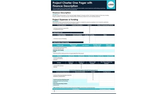 Project Charter One Pager With Finance Description PDF Document PPT Template