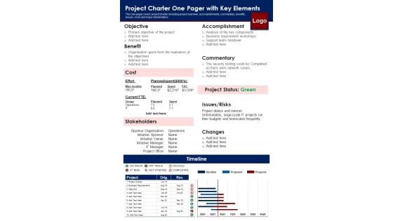 Project Charter One Pager With Key Elements PDF Document PPT Template