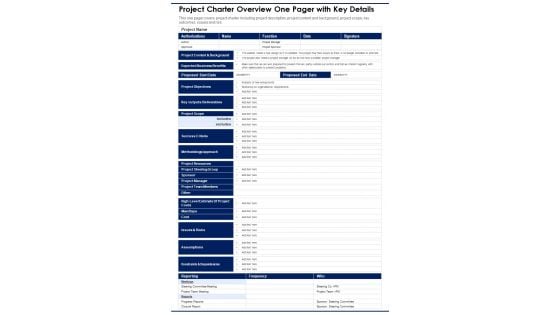 Project Charter Overview One Pager With Key Details PDF Document PPT Template