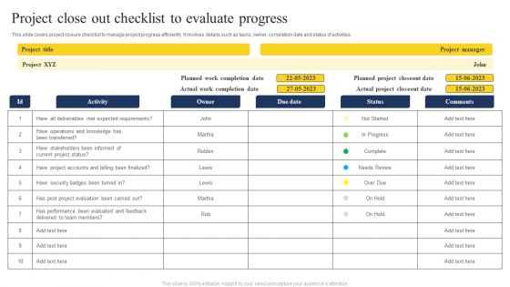 Project Close Out Checklist To Evaluate Progress Themes PDF