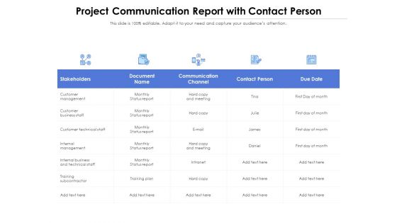 Project Communication Report With Contact Person Ppt PowerPoint Presentation Show Slide Portrait PDF