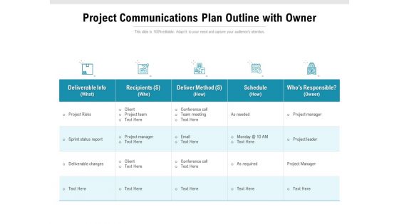 Project Communications Plan Outline With Owner Ppt PowerPoint Presentation Gallery Design Inspiration PDF