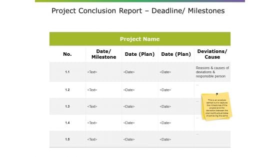 Project Conclusion Report Deadline Milestones Ppt PowerPoint Presentation Pictures Layouts