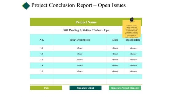 Project Conclusion Report Open Issues Ppt PowerPoint Presentation Show Summary