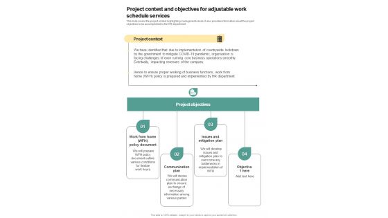 Project Context And Objectives For Adjustable Work Schedule Services One Pager Sample Example Document Project Context And Objectives For Adjustable Work Schedule Services One Pager Sample Example Document