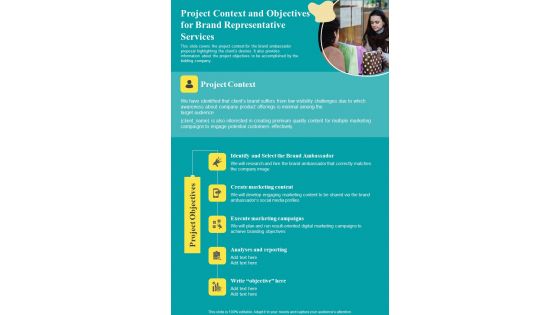 Project Context And Objectives For Brand Representative Services One Pager Sample Example Document