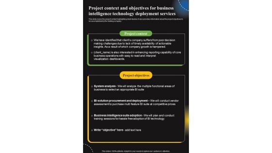 Project Context And Objectives For Business Intelligence Technology Deployment Services One Pager Sample Example Document