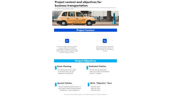 Project Context And Objectives For Business Transportation One Pager Sample Example Document Project Context And Objectives For Business Transportation One Pager Sample Example Document