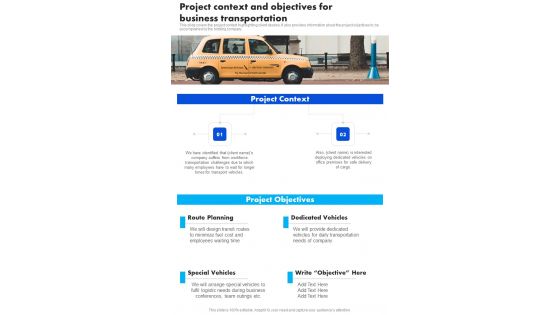 Project Context And Objectives For Business Transportation One Pager Sample Example Document