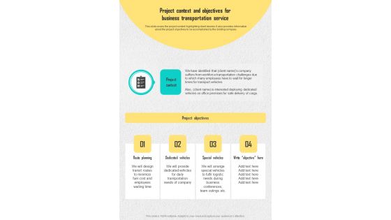 Project Context And Objectives For Business Transportation Service One Pager Sample Example Document Project Context And Objectives For Business Transportation Service One Pager Sample Example Document