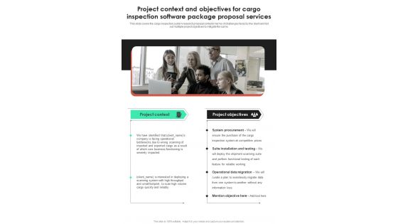 Project Context And Objectives For Cargo Inspection Software Package Proposal Services One Pager Sample Example Document