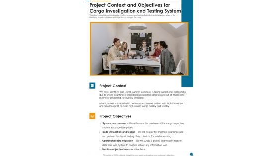 Project Context And Objectives For Cargo Investigation And Testing System One Pager Sample Example Document