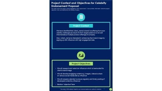 Project Context And Objectives For Celebrity Endorsement Proposal One Pager Sample Example Document