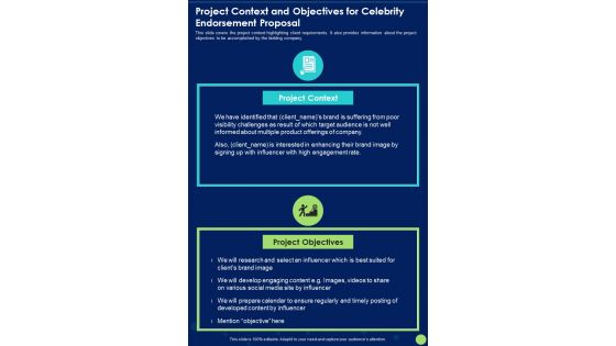 Project Context And Objectives For Celebrity Endorsement Proposal One Pager Sample Example Document Project Context And Objectives For Celebrity Endorsement Proposal One Pager Sample Example Document