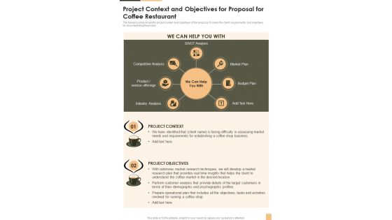 Project Context And Objectives For Coffee Restaurant One Pager Sample Example Document