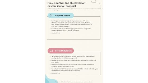 Project Context And Objectives For Daycare Services Proposal One Pager Sample Example Document