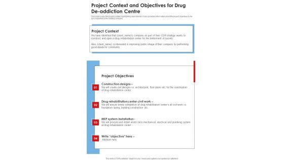 Project Context And Objectives For Drug De Addiction Centre One Pager Sample Example Document