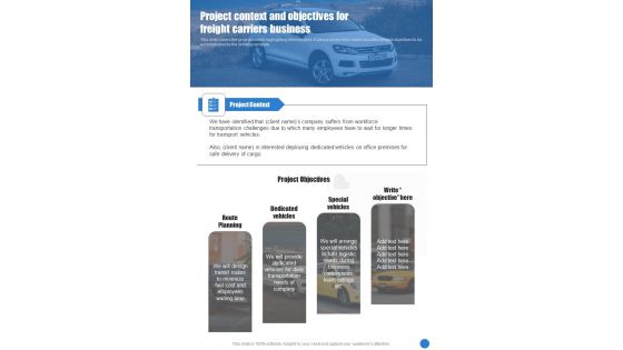 Project Context And Objectives For Freight Carriers Business One Pager Sample Example Document Project Context And Objectives For Freight Carriers Business One Pager Sample Example Document